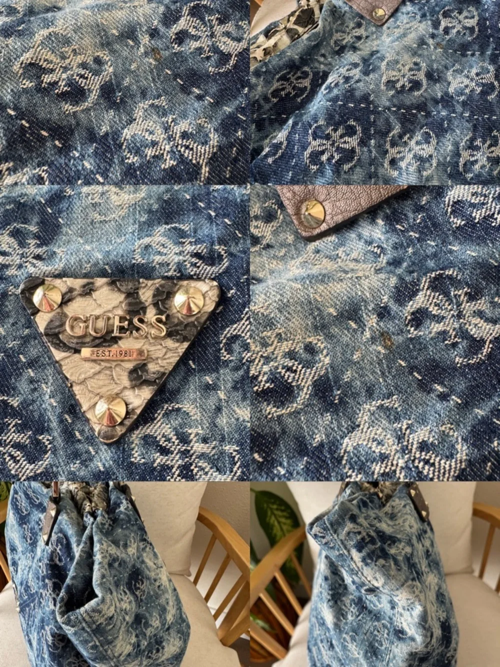 Vintage GUESS Blue Denim Logo Print Large Monogram Y2K Tote Shoulder Bag-READ